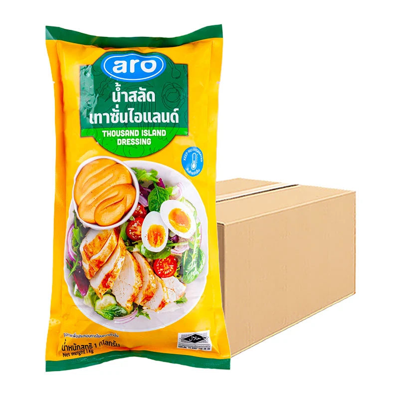 A 1 kg bottle of ARO Thousand Island Salad Dressing, with the label visible, ready for use in salads and sandwiches.