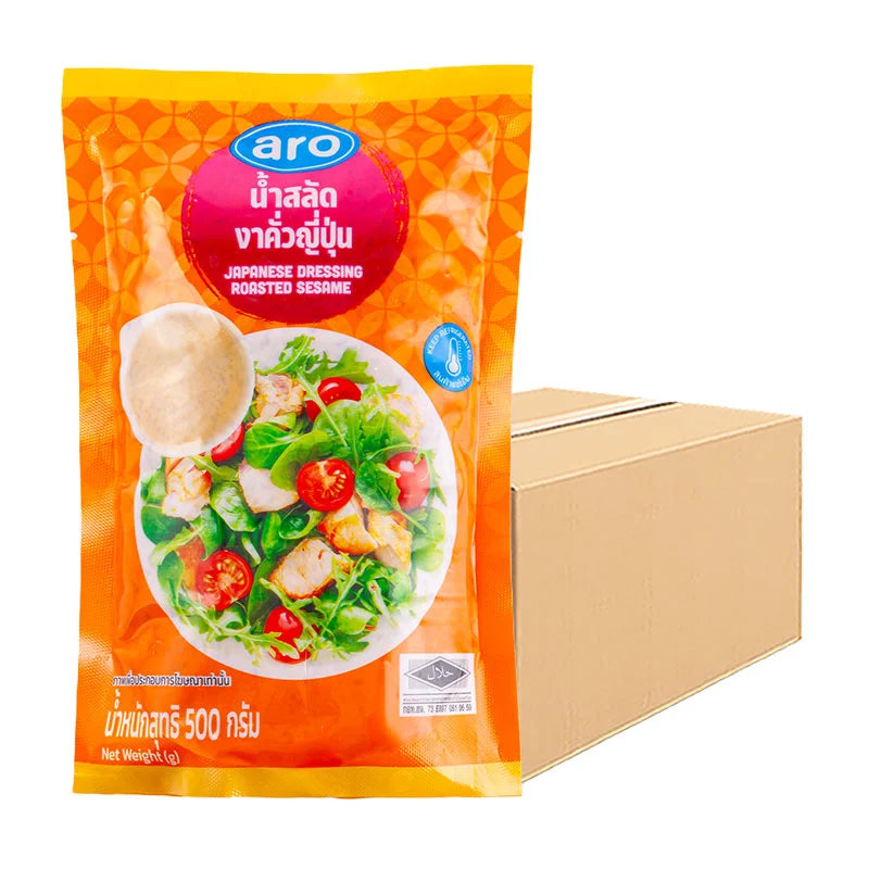 Aro roasted sesame Japanese dressing bottle, 500g, with label showing sesame seeds and Japanese ingredients, on a plain background.