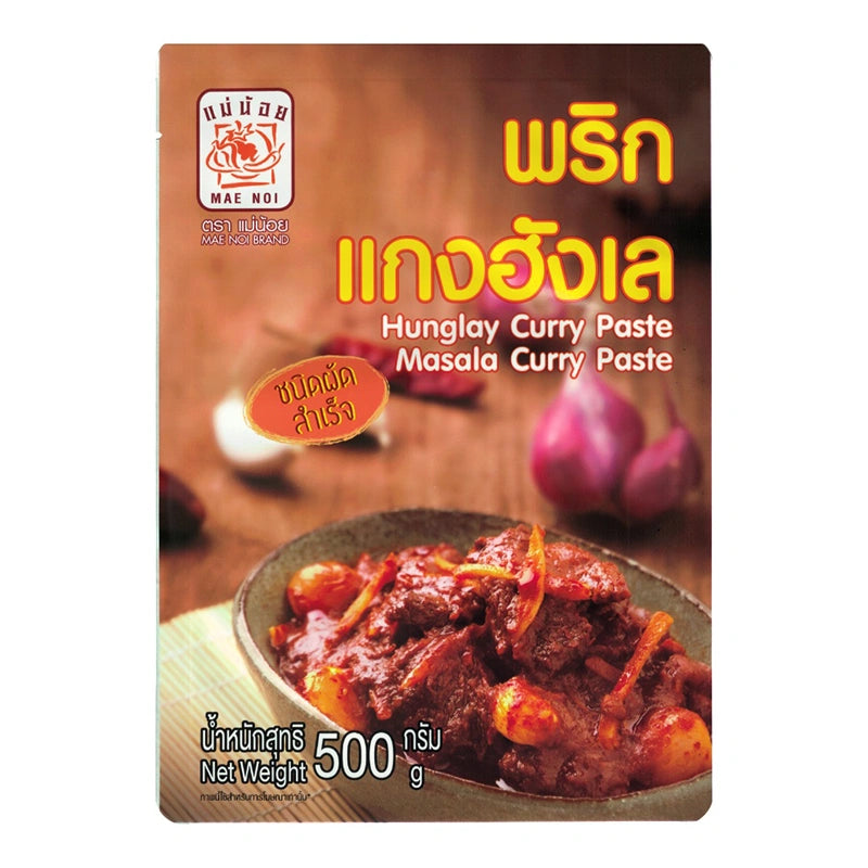 Mae Noi Hunglay Curry Paste 500g jar with vibrant label, showcasing traditional Thai curry paste ingredients and branding.