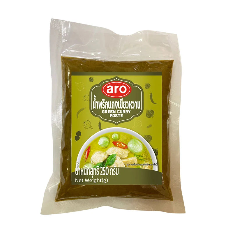 ARO Green Curry Paste 250g jar with green chili and herb ingredients, ready for Thai cooking.