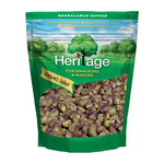 Heritage Raw Pistachios in 250g package, dry grocery product, showing fresh, shelled pistachios in a clear container.