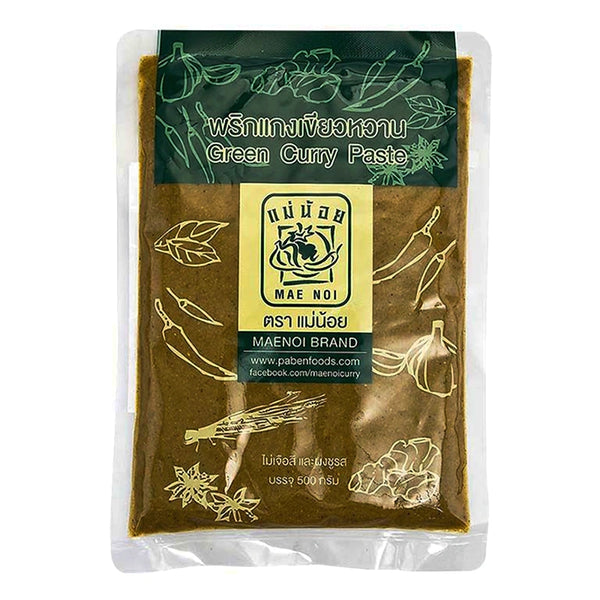 MAE NOI Green Curry Paste 500g jar, Thai dry grocery product with green chili, herbs, and spices visible on the label.