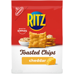 Ritz Toasted Chips Cheddar snack bag with crispy cheddar-flavored snack chips in a colorful package.