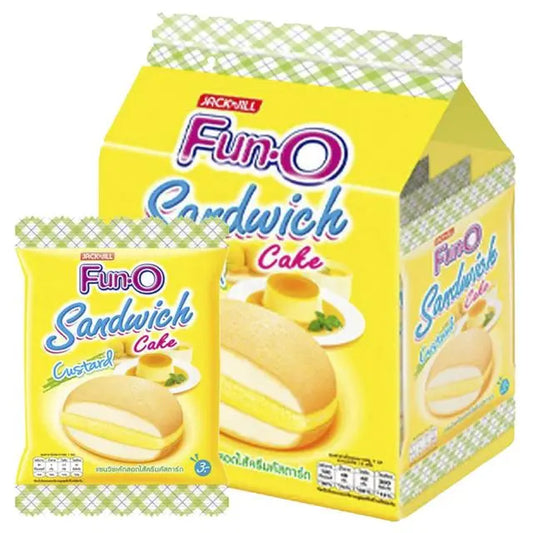 FUN-O Custard Sandwich Cake 13g, pack of 12, with creamy custard filling between soft sponge cookies.
