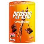 Lotte Pepero Crunchy confectionery snack with chocolate-coated biscuit sticks on a white background.