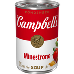 A bowl of Campbell's Minnestrone soup with vegetables and pasta, served in a white bowl on a wooden table.