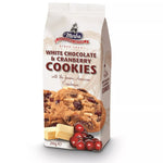 Merba White Chocolate & Cranberry Cookies showing golden cookies with white chocolate chunks and cranberry pieces.