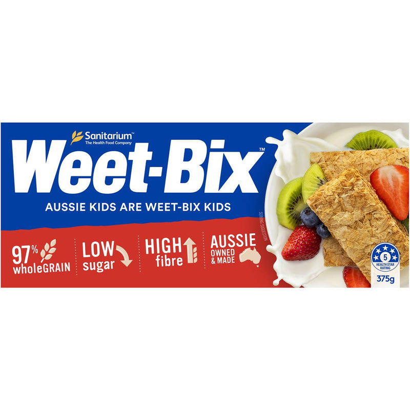 Sanitarium Weet Bix breakfast cereal in a box, showing the healthy whole grain wheat flakes typical of this grocery product
