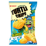 Orion Turtle Chips Seaweed Flavor 160g package showing crispy seaweed flavored snack chips in a bright bag.
