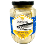 Captain Hook's Pickle Herring Net Bavarian in a grocery image, showing fresh pickled herring packaged in a net for easy serving.