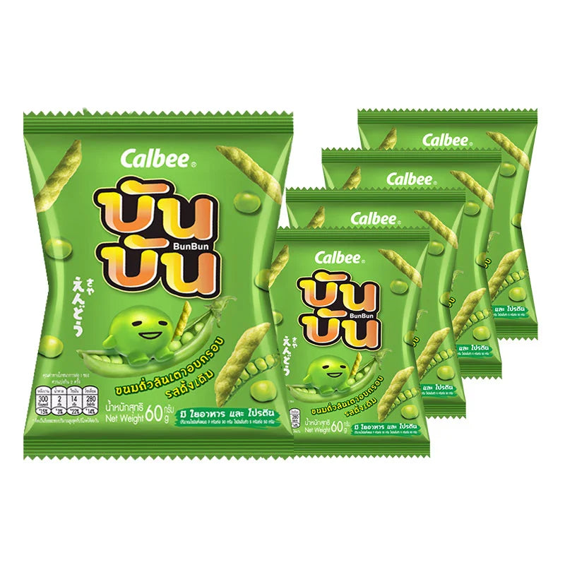 BUN BUN Green Pea Snack Original 60g pack featuring bright green roasted peas in a clear plastic bag.