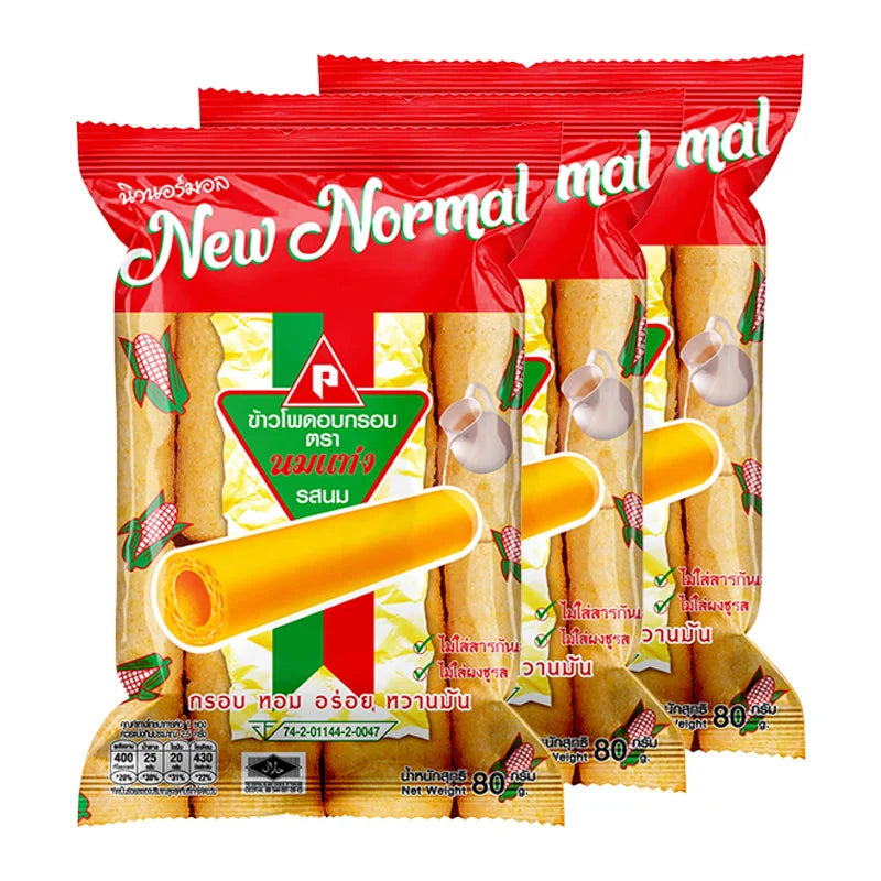 NOMTANG Milk Corn Snack 80g pack, crispy corn snack with milk flavor, displayed in a colorful bag.