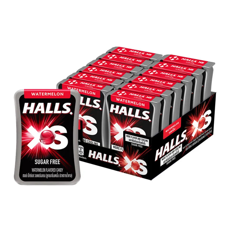 Halls XS Watermelon lozenges in a 12-pack, featuring bright watermelon flavor and small, portable size with 12 pieces.