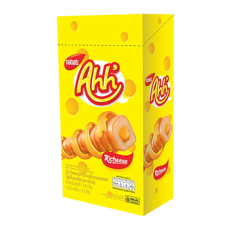 AHH Corn Roll snack filled with cream cheese, coated, 14.5g, dry grocery snack, crispy confectionery treat.