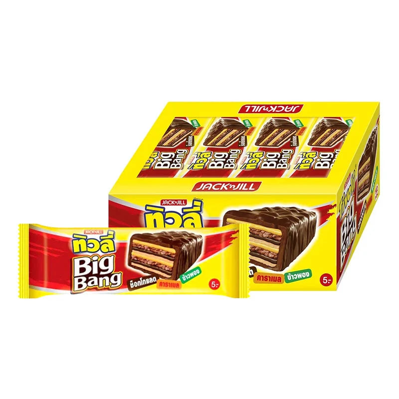 Tivoli Big Bang Wafer 25g, 12-piece pack featuring crispy wafer biscuits with chocolate and caramel filling.