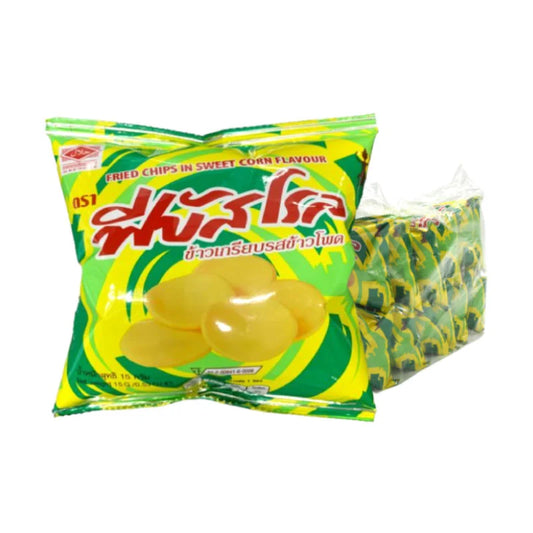 PHAEBUS ROLL Fried Chips Corn Flavor, 10g pack, showing crispy, golden corn chips in a colorful snack package.