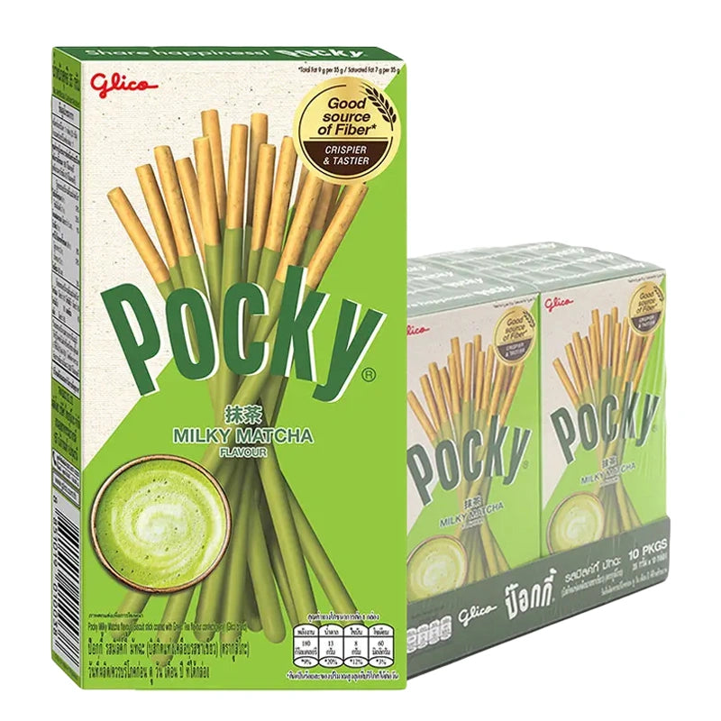 Pocky Matcha Green Tea snack box with 10 packs of 35g each, featuring green tea-flavored biscuit sticks in a colorful package.