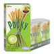 Pocky Matcha Green Tea snack box with 10 packs of 35g each, featuring green tea-flavored biscuit sticks in a colorful package.