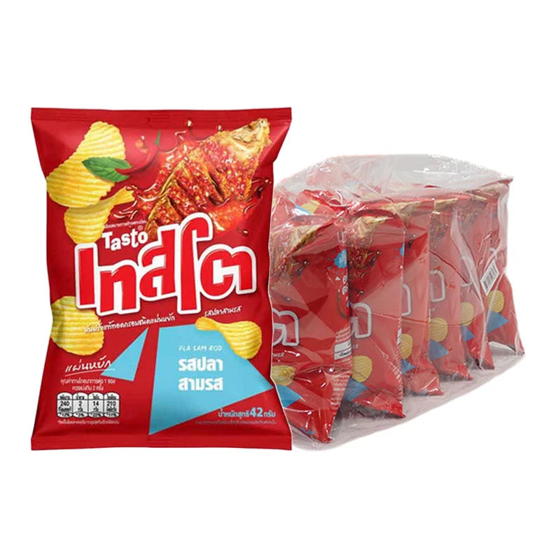 TASTO Potato Rock Chips Pla Sam Rod 42g, crispy Thai-style potato chips in a colorful snack bag.