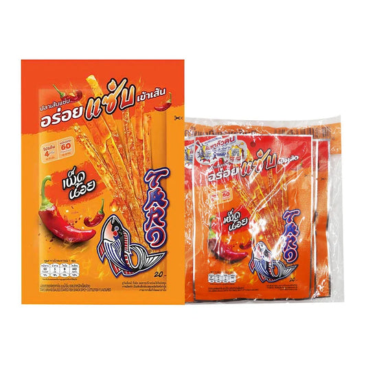 TARO spicy cuttlefish flavor fish snack coated with taro sauce in a pack of six 18g bags, ready to enjoy as a savory snack.