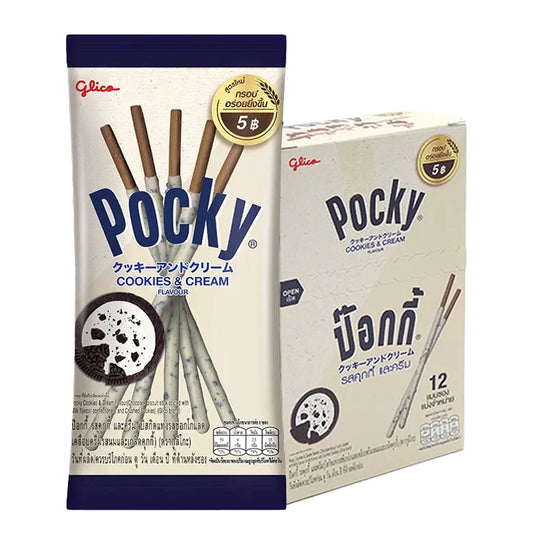 Pocky Cookies & Cream biscuit sticks in 11g sachets, showing packaged snack sticks with creamy cookies flavor.