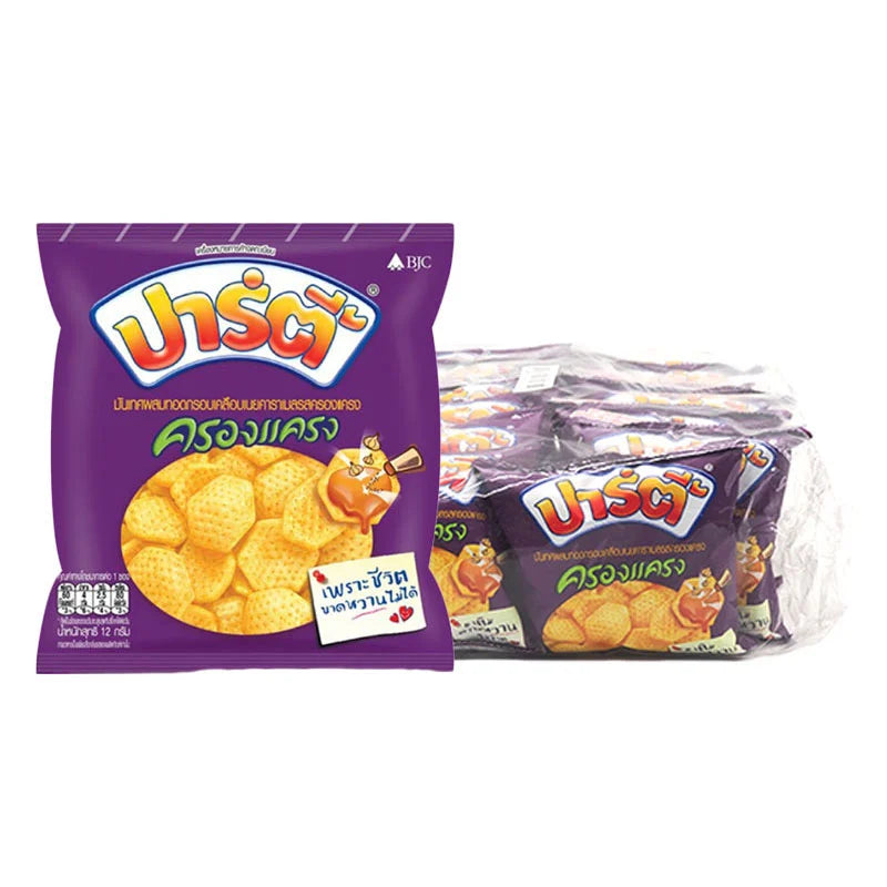 Party Fried Potato Chips coated with butter caramel, sweet and spicy flavor, 12g pack, crispy snack with flavorful seasoning.
