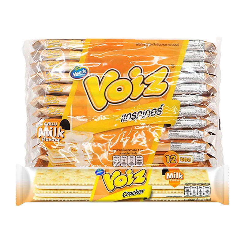 VOIZ Milk Crackers 24g, 12-pack, showing crispy crackers with milk flavor in a colorful package.