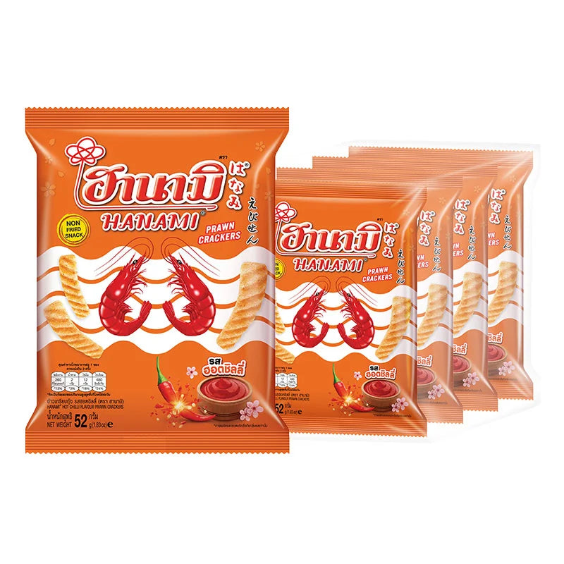 HANAMI Hot & Chili Prawn Crackers in a 52g pack, crispy seafood snack with spicy chili flavor, shown in a clear image.