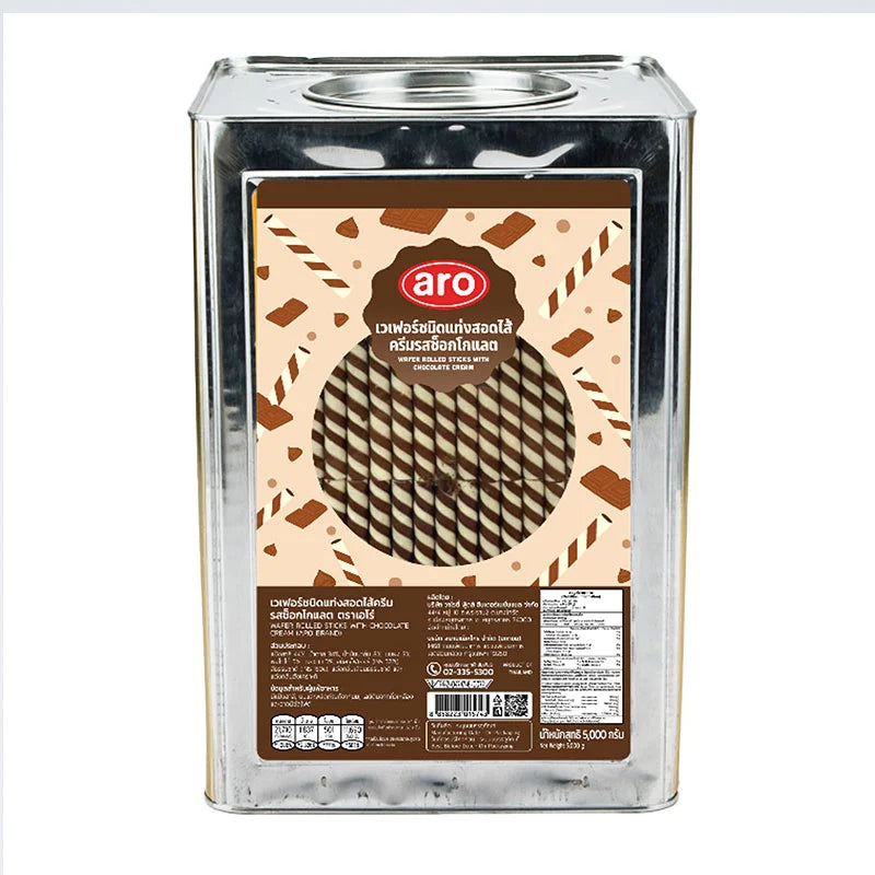 ARO Wafer Stick Chocolate Cream 5 kg box showing crispy wafer sticks coated with chocolate cream inside
