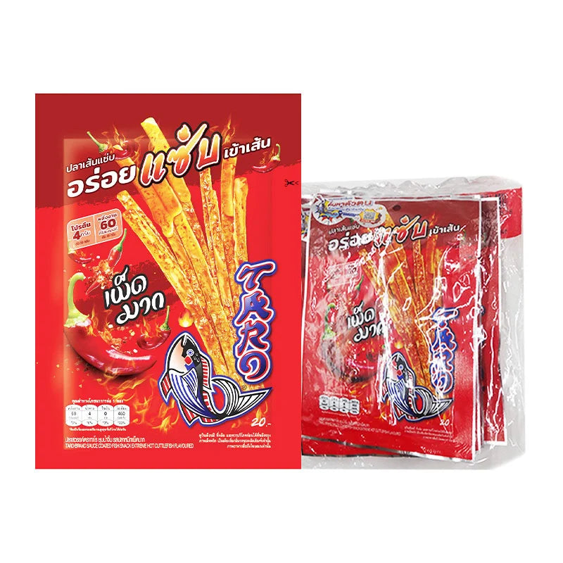 TARO hot cuttlefish flavor fish snack coated with spicy sauce, 18g pack, shown in a clear image with six packs stacked.