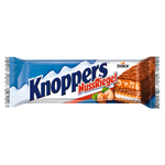 Storck Knoppers Nussriegel wafer snack with chocolate and hazelnut filling, showcasing crispy layers and a chocolate coating.