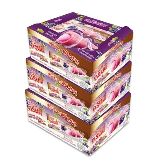 GRINNY KYOHO GRAPE COATED SNACK FILLED WITH KYOHO GRAPE CREAM .