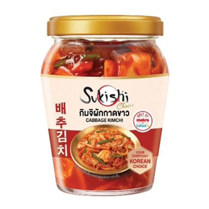 SUKISHI Cabbage Kimchi 500g jar showing vibrant fermented cabbage with red pepper flakes and seasoning in a glass container.