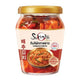 SUKISHI Cabbage Kimchi 500g jar showing vibrant fermented cabbage with red pepper flakes and seasoning in a glass container.