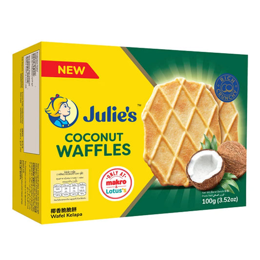 JULIE'S Coconut Waffles 100g with crispy golden exterior and shredded coconut, perfect for snacking or breakfast.
