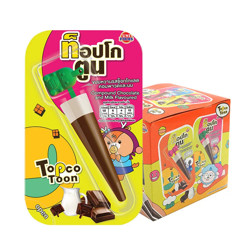 Topco Toon Chocolate Milk Candy 10.5g pack with 12 colorful chocolate milk-flavored candies in vibrant wrappers.