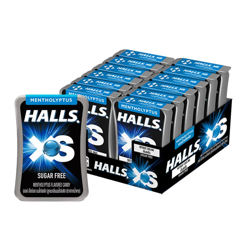 Halls XS Mentho-Lyptus lozenges in 12g packs, Halls brand dry grocery snack, showing a close-up of the menthol cough drops