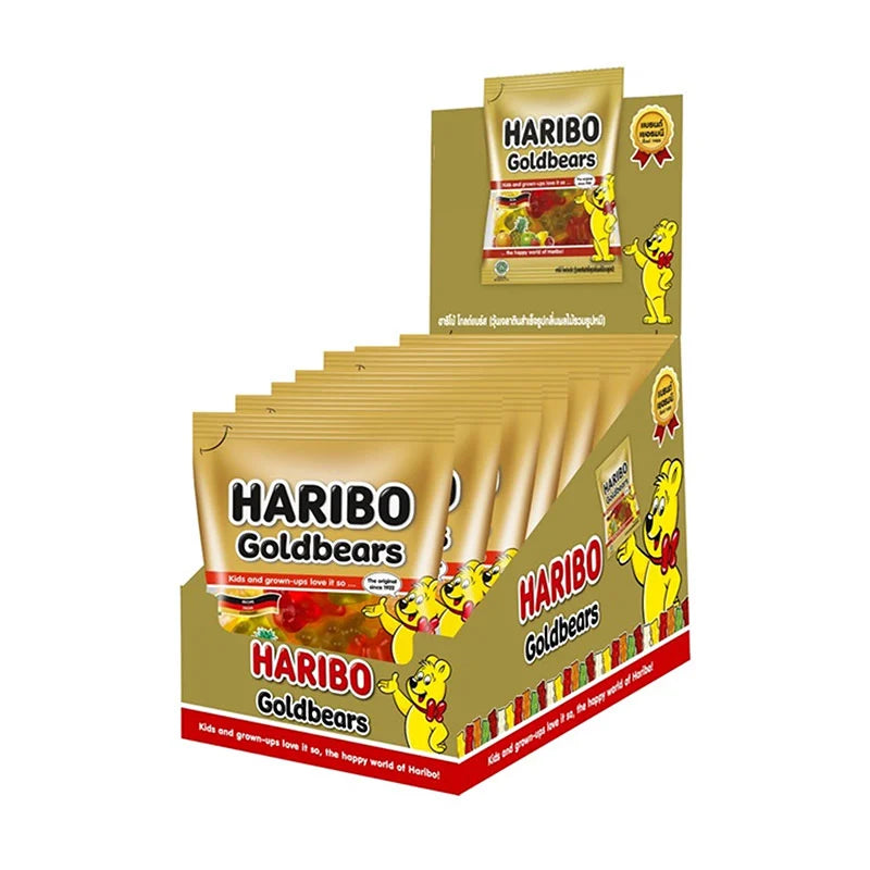 Close-up of colorful HARIBO Gummy Goldbears in a clear bag, showing the bright, fruit-shaped gummy candies.