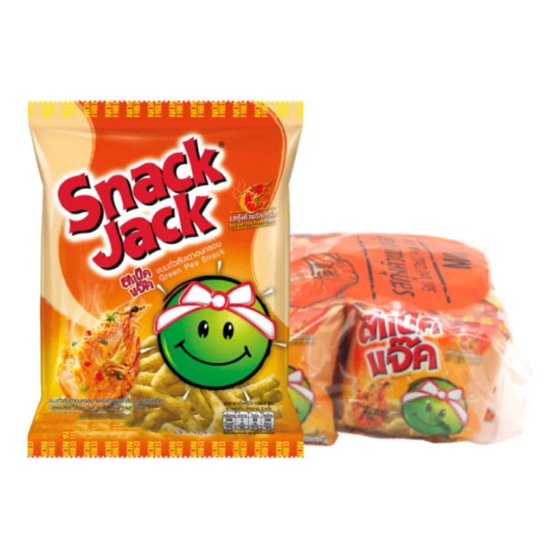 SNACK JACK Green Pea Snack Salt Chilli Prawn, 15g package, showing crispy green pea chips seasoned with salt, chili, and prawn flavor.