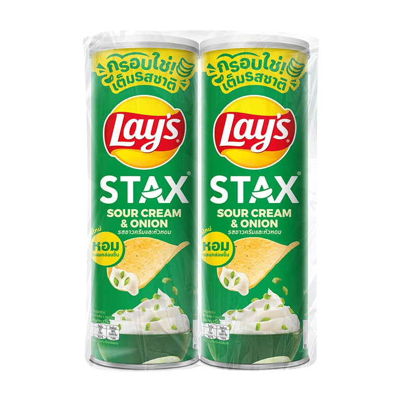 Lay's Stax Sour Cream & Onion potato chips in a 103g pack, stacked in a close-up shot showing the crispy chips with sour cream and onion flavor.