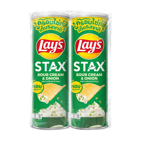 Lay's Stax Sour Cream & Onion potato chips in a 103g pack, stacked in a close-up shot showing the crispy chips with sour cream and onion flavor.