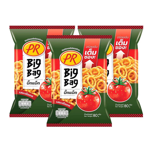 PR Tomato Rice Cracker pack showing three 80g bags with crispy rice crackers flavored with tomato.