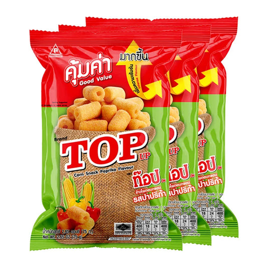 Top Up Paprika Corn Snack 75g pack showing crispy corn snack pieces with paprika seasoning in a transparent bag.