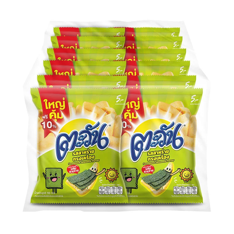 TAWAN extruded seaweed snack package showing 16g x 12 servings, with colorful seaweed pieces visible in the image.