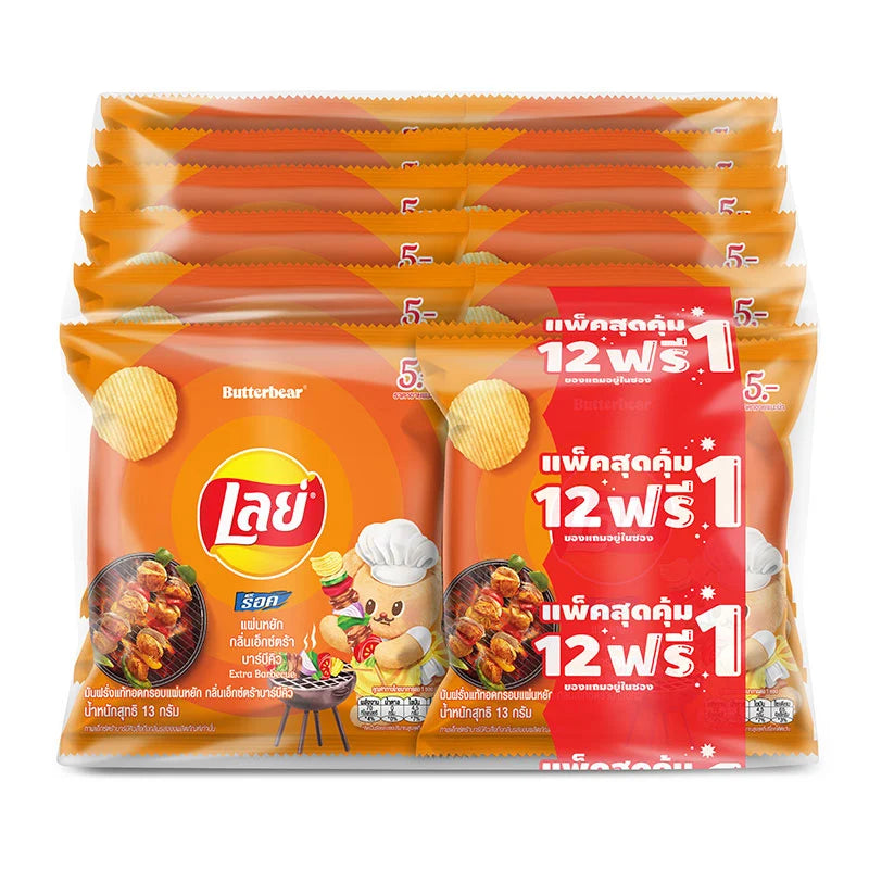 Lay's Rock Potato Chips Extra BBQ flavor in 13g individual pack, showing crispy chips with smoky barbecue seasoning.
