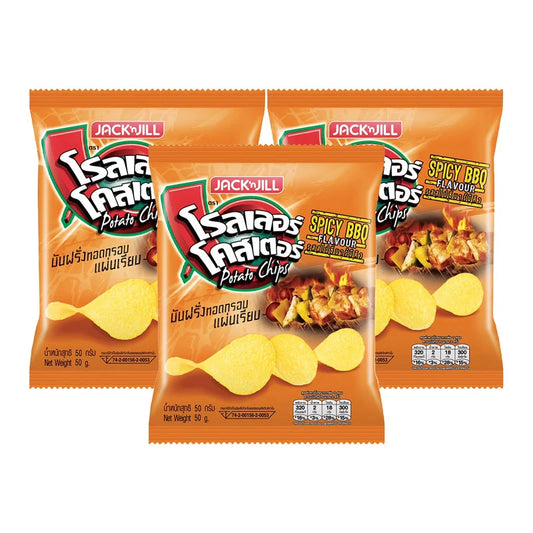 Roller Coaster BBQ extruded potato chips in a 50g bag, showing crispy, seasoned chips with bold BBQ flavor.