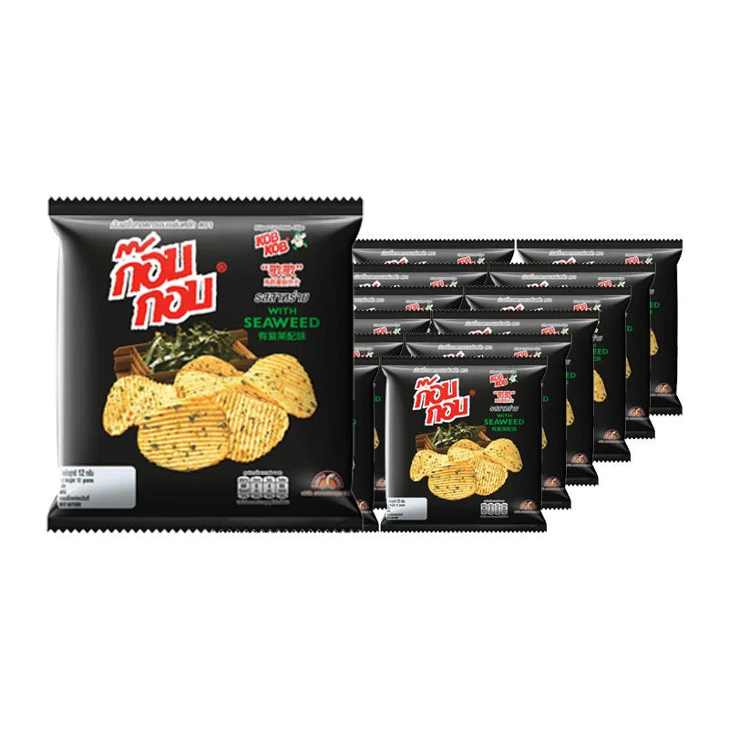 KOB KOB Seaweed Chips in 12g pack, crispy green seaweed snack, close-up of the chips with textured seaweed surface