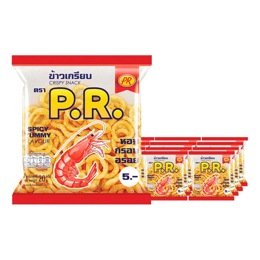 PR brand prawn crackers in a 20g pack, showcasing crispy, golden prawn snack with textured surface.