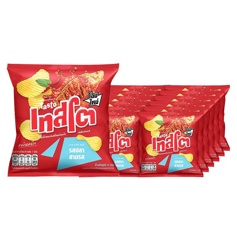 TASTO Potato Rock Chips Pla Sam Rod 11g pack, crispy Thai-style potato snack with ridged texture and golden color.