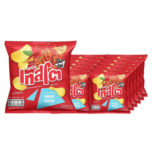 TASTO Potato Rock Chips Pla Sam Rod 11g pack, crispy Thai-style potato snack with ridged texture and golden color.
